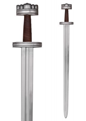 Épée viking de Hedmark – SK-B, acier gris et cuir brun, détail garde courte et pommeau, reconstitution, GN, combat scénique