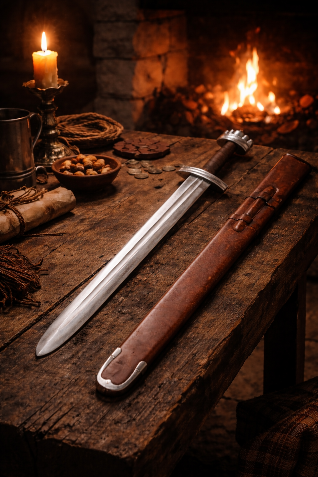 Épée viking de Hedmark – SK-B, acier gris, cuir brun, vue ambiance table et cheminée, reconstitution, GN, combat scénique