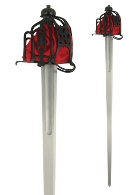 Épée large écossaise à garde en panier – SK-B, métal gris et noir, détail garde panier doublure rouge, combat scénique LARP
