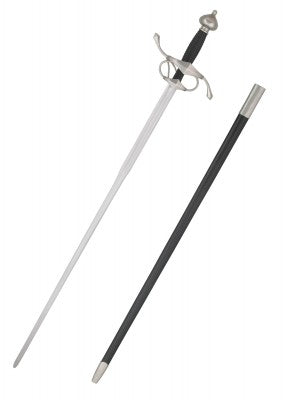 Épée latérale à quillons en S, acier gris et cuir noir, vue complète avec fourreau, reconstitution Renaissance, GN et LARP
