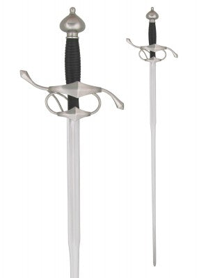 Épée latérale à quillons en S, acier gris et cuir noir, détail garde à coque et quillons en S, escrime artistique Renaissance