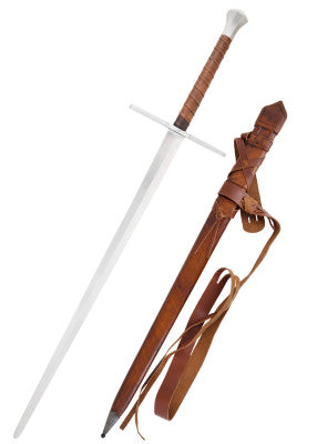 Épée longue à pommeau conique tronqué – SK-B, acier gris cuir brun, vue duo studio, combat scénique reconstitution GN/LARP