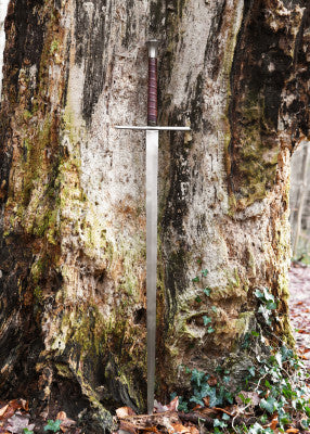 Épée longue à pommeau conique tronqué – SK-B, acier gris cuir brun, vue épée seule, combat scénique reconstitution GN/LARP