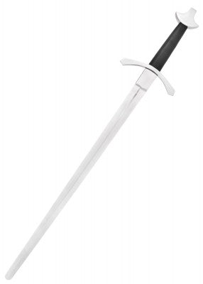Épée longue franque à quillons arqués vers la lame, acier gris et cuir noir, vue entière sur tronc, reconstitution GN LARP