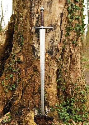 Épée longue à pommeau en poire cannelée – lame grise longue – vue verticale contre tronc d’arbre, arrière-plan de forêt dense