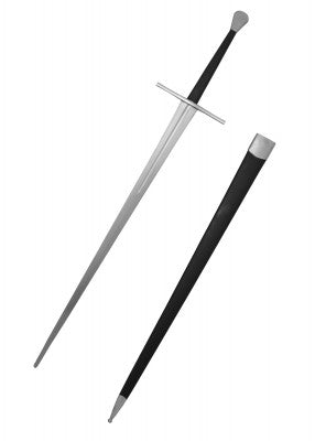 Épée longue à pommeau spatulé, acier gris et noir, vue large avec fourreau noir, reconstitution, combat scénique, GN, LARP