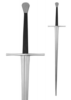 Épée longue à pommeau spatulé, acier gris et noir, vue de face entière, fond blanc, reconstitution, combat scénique, GN, LARP