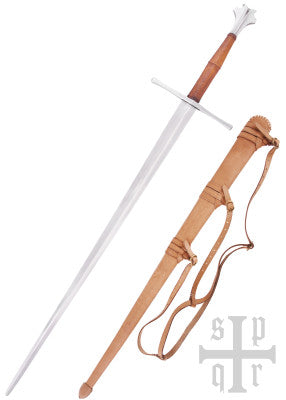 Épée longue, XVᵉ siècle, réplique de musée - SK-B, métal gris et cuir brun, vue complète épée et fourreau, extérieur, GN LARP