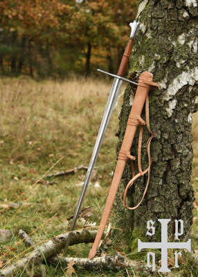 Épée longue, XVᵉ siècle, réplique de musée - SK-B, métal gris et cuir brun, vue lame seule, combat scénique, extérieur, GN