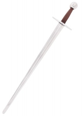 Épée d'armes à garde en croix – SK-C, acier gris cuir brun, détail garde et lame, reconstitution, combat scénique, GN LARP