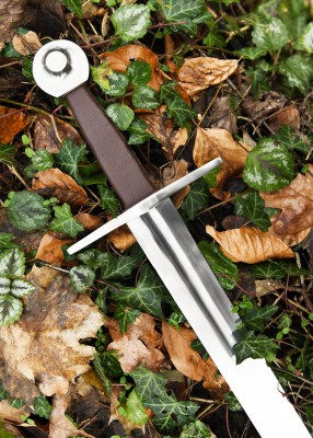 Épée d'armes à garde en croix – SK-C, acier gris cuir brun, vue épée au sol feuilles, reconstitution, combat scénique, GN LARP