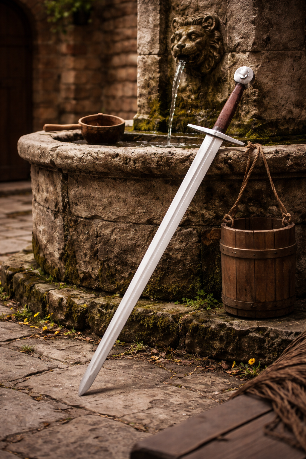 Épée d'armes à garde en croix – SK-C, acier gris cuir brun, vue près fontaine pierre, reconstitution, combat scénique, GN LARP