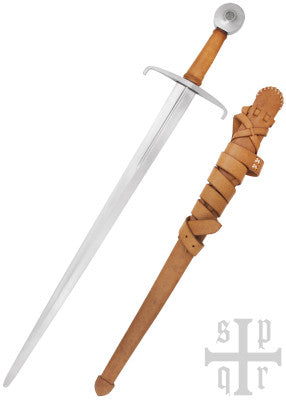 Épée d'armes XIVe siècle réplique Armureries Royales, acier gris cuir brun, vue épée et fourreau fond blanc, GN LARP médiéval