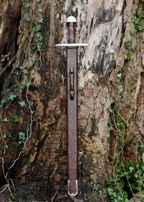 Épée normande à pommeau en demi-lune – SK-C, acier gris, cuir brun, vue garde et pommeau demi-lune, combat scénique LARP