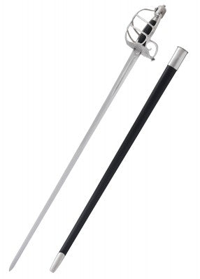 Épée en osier Mortuary – SK-B, métal gris et cuir noir, vue complète avec fourreau noir fond blanc, reconstitution GN et LARP