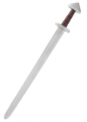 Épée viking Petersen H, 2 longueurs, acier gris, cuir brun, vue large fond blanc, combat scénique, reconstitution, GN, LARP