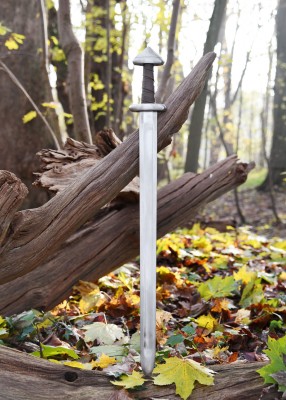 Épée viking Petersen H, 2 longueurs, acier gris, cuir brun, vue entière en forêt, combat scénique, reconstitution, GN, LARP