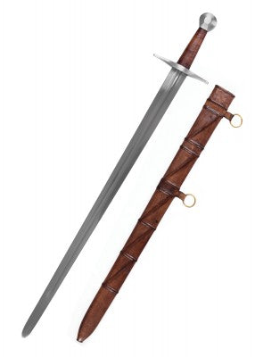 Épée de Sir William Marshal – SK-B, acier gris cuir brun, vue large avec fourreau, combat scénique, reconstitution, GN-LARP