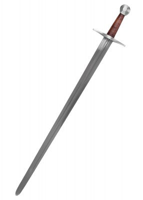 Épée de Sir William Marshal – SK-B, acier gris cuir brun, vue épée seule fond blanc, combat scénique, reconstitution, GN-LARP
