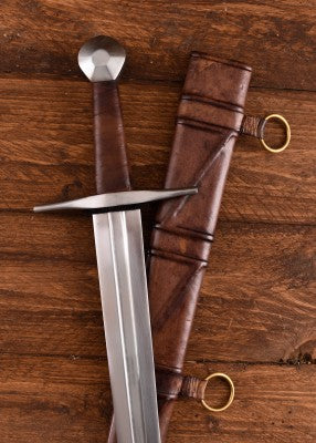 Épée de Sir William Marshal – SK-B, acier gris cuir brun, détail poignée fourreau, combat scénique, reconstitution, GN-LARP