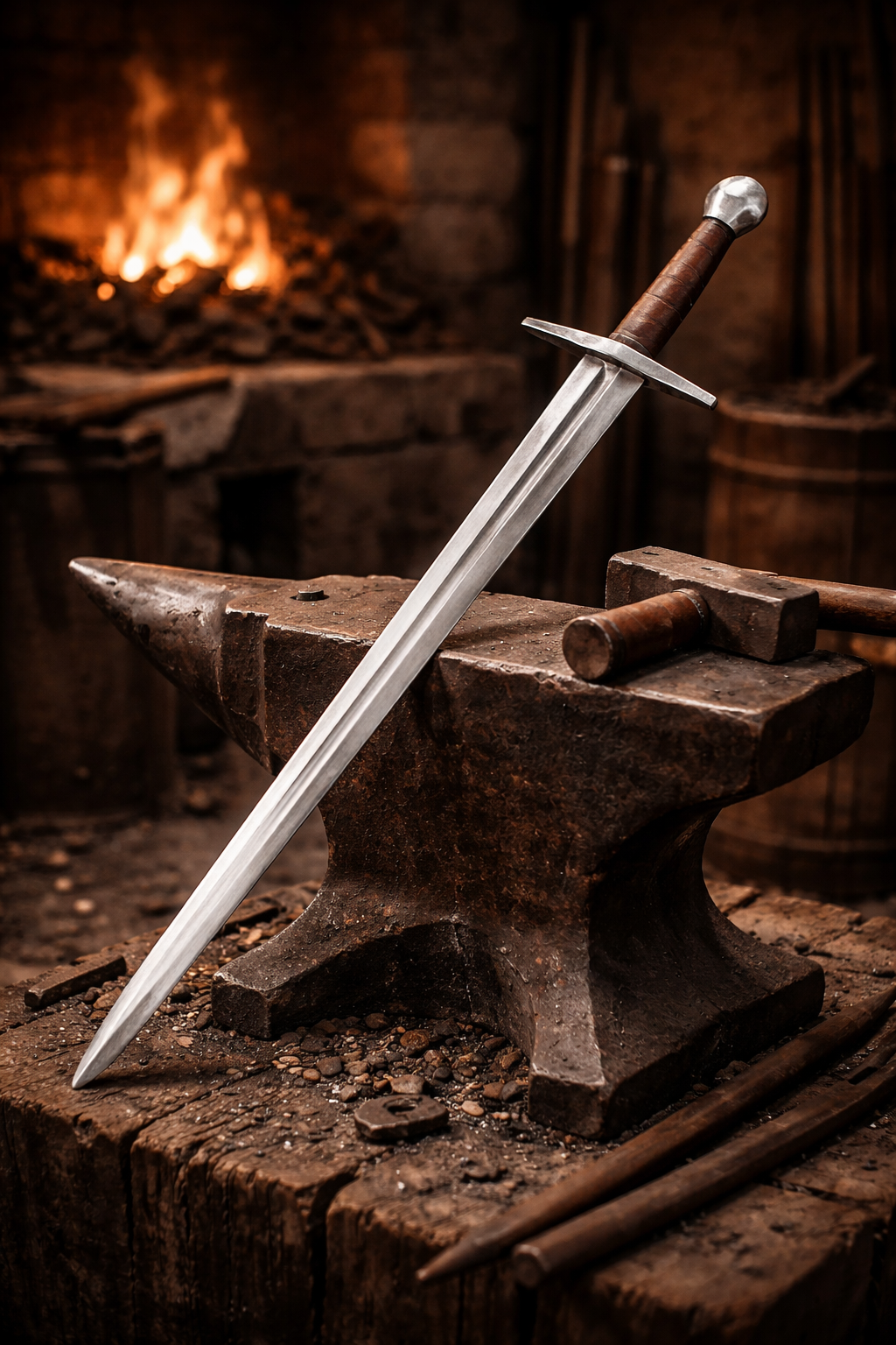 Épée de Sir William Marshal – SK-B, acier gris cuir brun, vue forge sur enclume, combat scénique, reconstitution, GN-LARP