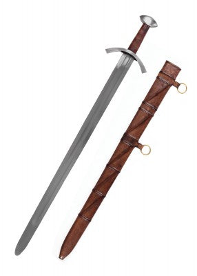 Épée de Saint Maurice de Turin, acier gris et cuir brun, vue en intérieur sur support, combat scénique reconstitution GN LARP