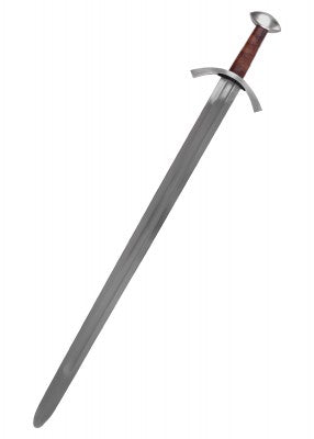 Épée de Saint Maurice de Turin, acier gris et cuir brun, vue studio épée et fourreau, combat scénique reconstitution GN LARP