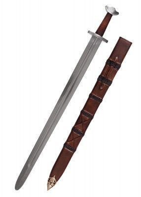 Épée de templier à pommeau en croissant, acier gris et cuir brun, vue studio épée et fourreau, reconstitution en camp GN LARP
