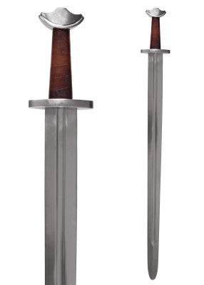 Épée de templier à pommeau en croissant, acier gris et cuir brun, vue studio avant et profil, combat scénique reconstitution