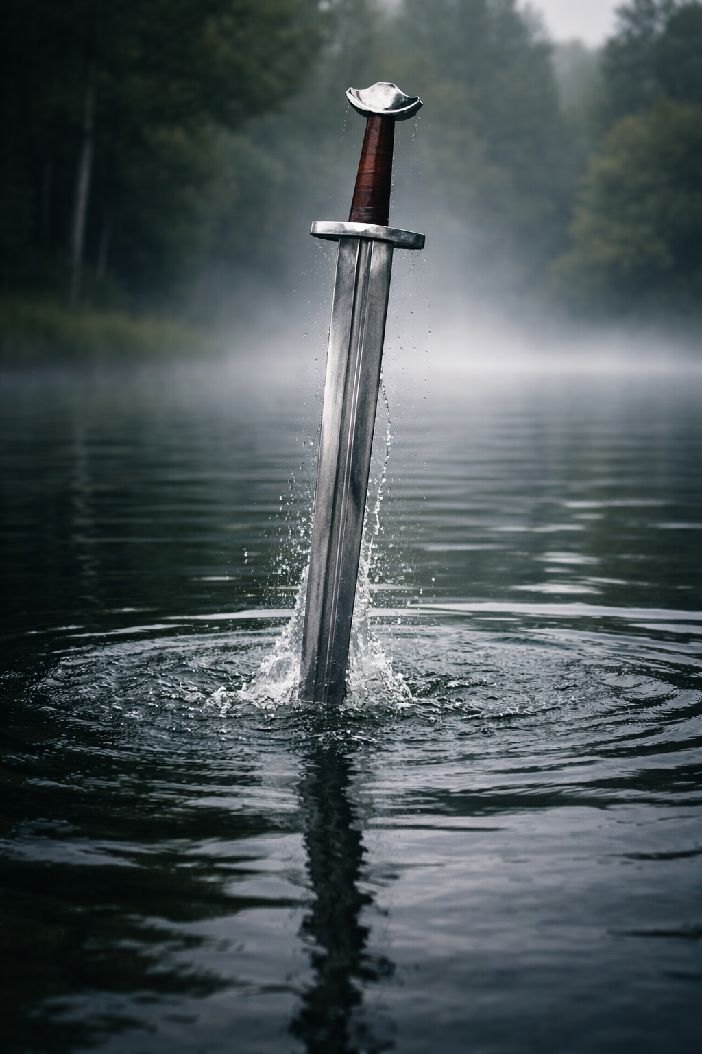 Épée de templier à pommeau en croissant, acier gris et cuir brun, mise en scène dans l’eau en brume, combat scénique GN LARP