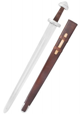 Épée viking de Torshov, Xᵉ siècle – SK-B, acier gris et cuir brun, gros plan poignée et fourreau, reconstitution GN LARP