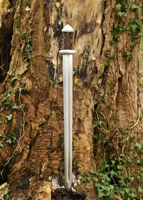 Épée viking de Torshov, Xᵉ siècle – SK-B, acier gris et cuir brun, vue entière au fourreau sur tronc, reconstitution GN LARP