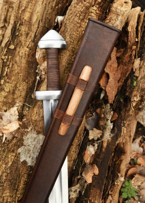 Épée viking de Torshov, Xᵉ siècle – SK-B, cuir brun et bois clair, détail attaches du fourreau, reconstitution viking GN LARP