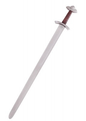 Épée viking type Petersen L, acier gris et cuir brun, gros plan pommeau Petersen, métal poli, reconstitution médiévale et GN