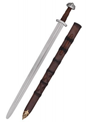 Épée viking à pommeau cinq lobes, Xᵉ siècle – SK-B, métal gris, cuir brun, vue complète fond blanc, reconstitution, LARP