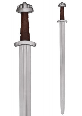 Épée viking à pommeau cinq lobes, Xᵉ siècle – SK-B, métal gris, cuir brun, vue posée sur fourrure avec fourreau, GN et LARP