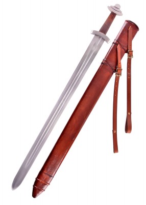Épée viking à pommeau en disque étagé, métal gris et cuir brun, vue complète fourreau et sangles, reconstitution, GN et LARP