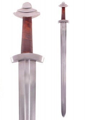 Épée viking à pommeau en disque étagé, métal gris et cuir brun, vue complète fond blanc, combat scénique, reconstitution, GN