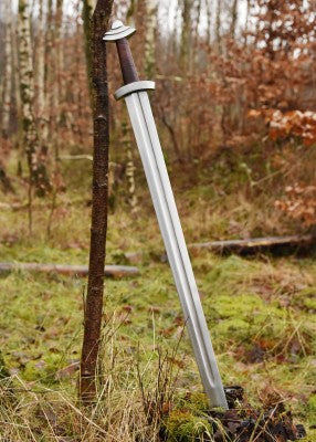 Épée viking à pommeau en disque étagé, métal gris et cuir brun, vue décor naturel plantée au sol, reconstitution, GN et LARP