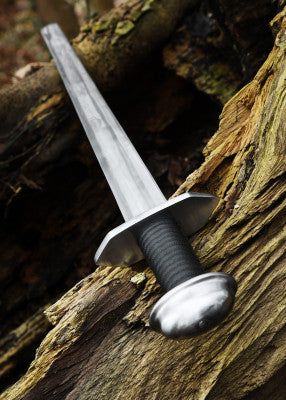 Épée viking à pommeau en bouton – lame et poignée noire – vue en biais posée sur tronc, écorce et feuilles, garde argentée