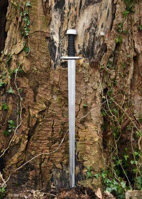 Épée viking à pommeau en bouton – lame longue et droite, poignée noire – vue complète verticale devant grand tronc d’arbre