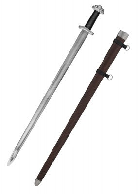 Épée viking Gottfried, acier gris et cuir noir, vue complète avec fourreau brun, combat scénique, reconstitution médiévale