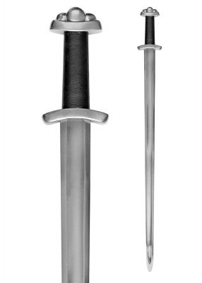 Épée viking Gottfried, acier gris et cuir noir, gros plan poignée gainée et pommeau, escrime artistique, combat scénique