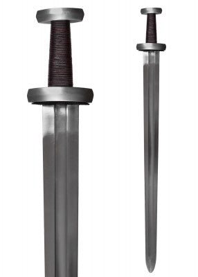 Épée viking Hurum – garde ronde et poignée noire – gros plan de la monture, avec vue complète de l’épée sur fond blanc studio