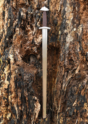 Épée viking type Wheeler VI SK-C en extérieur, plantée devant un tronc d’arbre, lame courte, silhouette nordique, pour GN