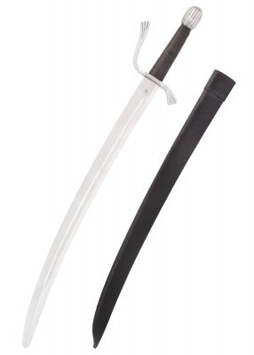 Falchion à pommeau en boule cannelée, métal gris et cuir noir, vue complète avec fourreau noir, reconstitution, GN et LARP