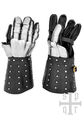Gants d’armure médiévaux Visby en cuir et acier – reconstitution, cuir noir et acier, paire vue face et dos fond blanc GN