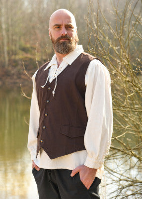 Gilet Lasse brun en coton porté de trois quarts, avec boutons métalliques et coupe légère pour reconstitution, GN ou LARP