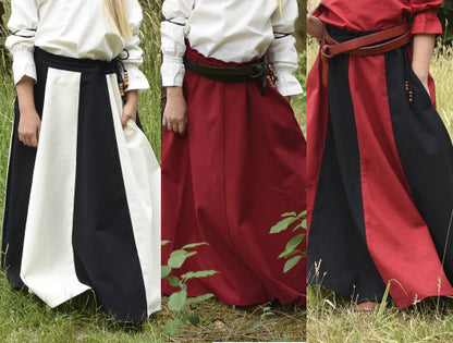 Jupe Lucia pour enfant en coton, aperçu des 3 coloris rouge, blanc-noir et rouge-noir pour reconstitution, GN et LARP enfant