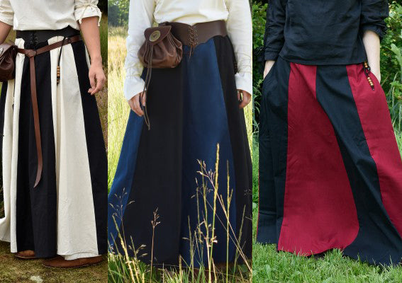 Jupe bicolore évasée en coton présentée en noir/naturel, noir/bleu et noir/rouge pour reconstitution, GN ou LARP